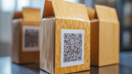 This image features a close-up view of brown cardboard boxes with visible QR codes on a wooden table, emphasizing the intersection of packaging and modern technology in distribution.の素材