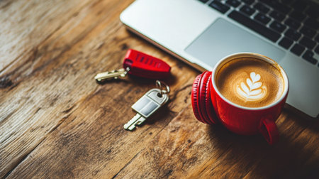 A cozy scene featuring a red coffee cup adorned with latte art, accompanied by keys and a laptop on a wooden table, creating a soothing workspace ambiance.の素材