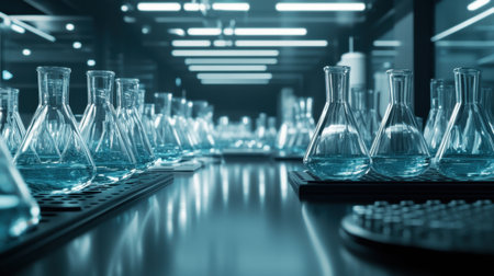 A modern laboratory scene featuring glass flasks filled with blue liquid. The image portrays a clean, high-tech atmosphere ideal for scientific research and experimentation.の素材