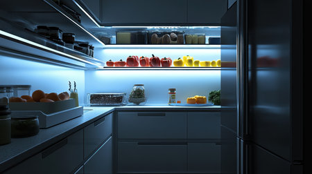 A sleek modern kitchen featuring illuminated shelves filled with fresh produce. The design emphasizes organization and ambiance, creating an inviting culinary space.の素材