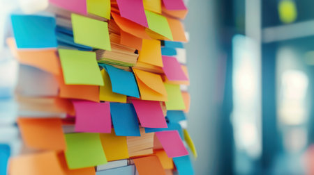 A close-up view of a stack of sticky notes in vibrant colors, illustrating creativity and organization in a modern office setting. Perfect for themes of productivity and brainstorming.の素材