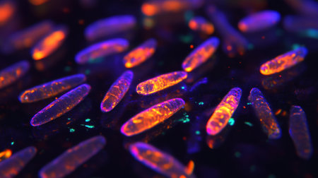 Vivid microorganisms illuminated by ultraviolet light showcase their unique shapes and colors, providing a captivating visual for scientific exploration and education.の素材