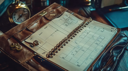 Stylish leather planner spread open on a rustic wooden desk, accompanied by a vintage clock and stationery, perfect for enhancing productivity and fostering organization.の素材
