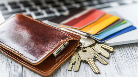 A close-up image featuring a stylish brown leather wallet with keys and vibrant card samples arranged on a wooden surface beside a modern laptop.の素材