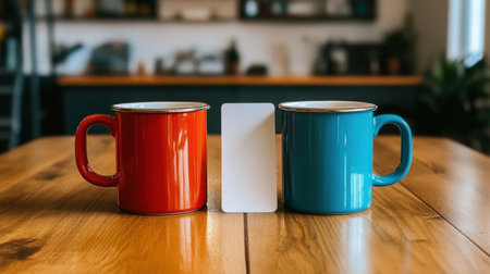 Two vibrant mugs, one red and one blue, sit on a rustic wooden table in a stylish workspace, featuring a blank card perfect for branding or design concepts.の素材