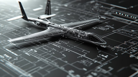 Explore a stunning visual of a modern aircraft rendered against detailed technical drawings, highlighting unique aspects of design and engineering in aviation technology.の素材