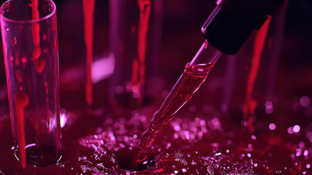 Close-up view of a laboratory pipette dispensing vibrant red liquid into test tubes, showcasing the exciting world of science and experimentation in a dynamic environment.の素材