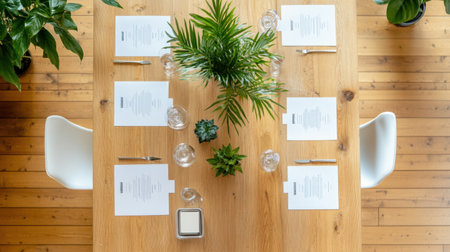 A beautifully arranged dining table featuring elegant menu cards and vibrant plants, creating a warm and inviting atmosphere for a memorable dining experience.の素材
