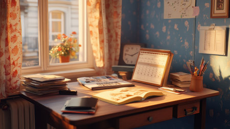 Bright and inviting workspace featuring a wooden desk, stationery items, a calendar, and a flower pot by the window, ideal for enhancing creativity and productivity.の素材