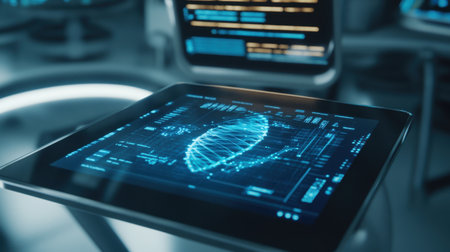 A high-tech tablet displays a glowing DNA model with data visualizations, set in a futuristic laboratory environment ideal for scientific research and technological innovation.の素材