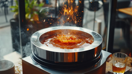 A dynamic hot pot scene showing a bubbling broth with flames and steam, creating an inviting atmosphere for diners enjoying a shared meal experience.の素材