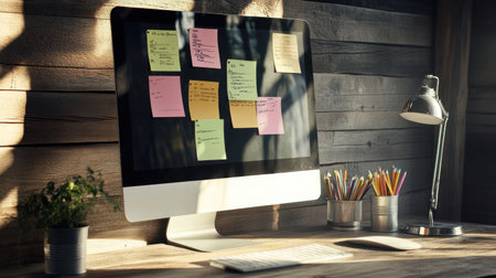 A stylish home office scene capturing a modern computer with sticky notes, a desk lamp, and stationery, perfect for inspiring productivity and creativity in a warm, inviting environment.の素材