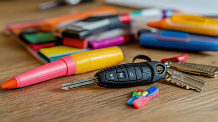 Artistic arrangement of car keys and vibrant stationery items on a wooden desk, perfect for enhancing home office setups and inspiring creativity.の素材