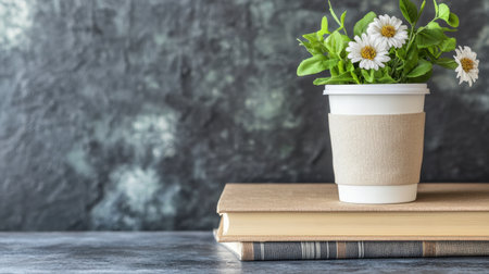 A tranquil tabletop display featuring a paper cup with fresh flowers on stacked books, creating an inviting atmosphere perfect for reading or enjoying a warm beverage.の素材