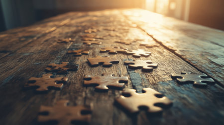 A beautifully captured scene of scattered puzzle pieces on a wooden table, illuminated by soft sunset light, ideal for conveying themes of leisure, teamwork, and creativity.の素材