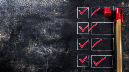 This image features a checklist with red checkmarks on a textured chalkboard, accompanied by a wooden marker, ideal for themes of task management and evaluation.の素材