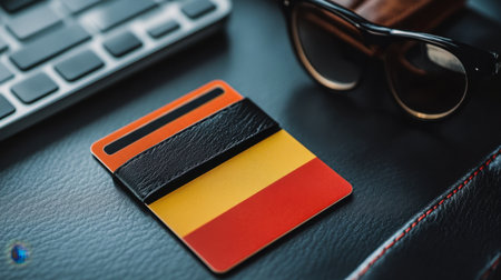 A vibrant wallet featuring the German flag design rests on a sleek desk beside sunglasses and a keyboard, perfect for themes around travel, finance, and modern lifestyle.の素材