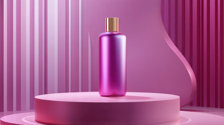 Stunning pink cosmetic bottle is displayed elegantly on a pedestal, surrounded by soft curves and vertical lines, ideal for beauty and skincare branding or promotional use.の素材