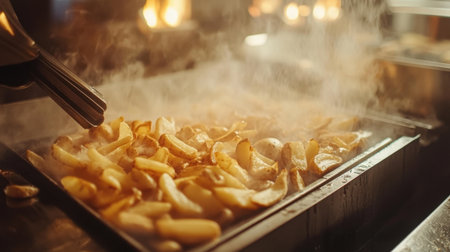 A close-up of golden crispy fries sizzling on a griddle in a busy kitchen. Steam rises, creating an inviting atmosphere ideal for food photography and culinary inspiration.の素材