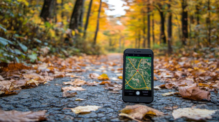 A smartphone displaying a map stands on a leaf-laden pathway in a colorful autumn forest, capturing the essence of nature and modern exploration amidst beautiful scenery.の素材