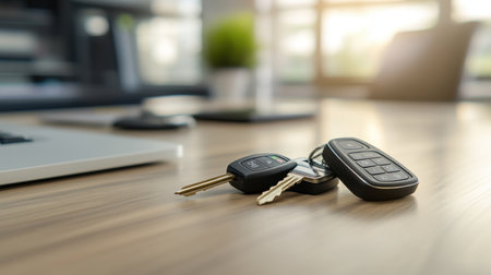 A serene image showcasing car keys and a remote control on a wooden desk, complemented by a laptop and soft natural light in a modern office environment. Perfect for lifestyle themes.の素材