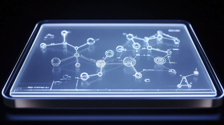 A sleek futuristic digital interface showcasing intricate molecular structures, perfect for visualizing scientific data and advancing research concepts in modern laboratories.の素材