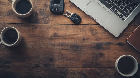A captivating flatlay of a cozy workspace featuring coffee cups, car keys, and a laptop on a rustic wooden table, perfect for inspiration and relaxation at home or in an office setting.の素材