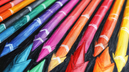 A vibrant array of colorful crayons arranged on a black surface, highlighting their potential for fostering creativity in both children and adults during artistic endeavors.の素材