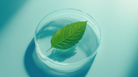 A vibrant green leaf is placed in a clear petri dish, capturing the essence of nature and scientific exploration in a clean and minimalist setting. Perfect for educational purposes.の素材