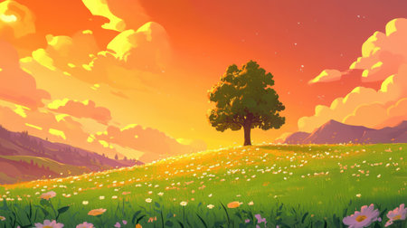 A stunning sunset landscape featuring a lush green field, a solitary tree, and vibrant clouds, creating a serene atmosphere filled with wildflowers and natural beauty.の素材