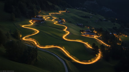 Capture the enchanting beauty of a winding road illuminated by warm lights at dusk, showcasing the tranquility of the Swiss countryside and its serene landscape.の素材