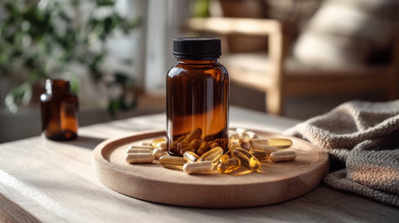 This serene image showcases an amber glass bottle filled with supplements, surrounded by capsules, evoking a warm and inviting atmosphere perfect for wellness and health lifestyle themes.の素材