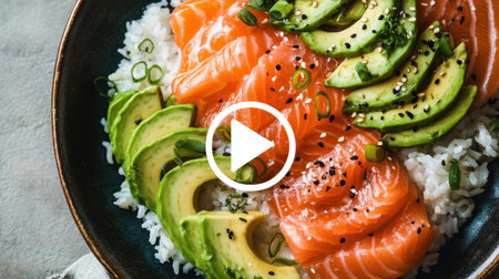 A beautifully arranged sushi bowl featuring fresh salmon, creamy avocado slices, and fluffy rice, garnished with green onion and sesame seeds, ideal for healthy meals.の素材