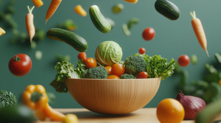A vibrant assortment of fresh vegetables in a wooden bowl, with colorful produce seemingly floating, creating a lively and inviting atmosphere for healthy culinary inspirations.の素材