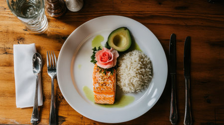 A beautifully plated salmon dish accompanied by avocado and rice, garnished with a delicate rose, set on a rustic wooden table. Ideal for gourmet dining moments.の素材