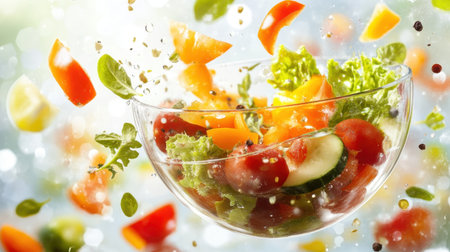 A vibrant array of fresh vegetables elegantly tossed in a glass bowl, capturing the essence of healthy eating with a delightful splash of colors and textures.の素材