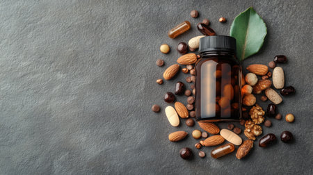 An engaging composition featuring a glass jar filled with various natural supplements alongside nuts, perfect for promoting wellness, healthy living, and nutrition-based lifestyles.の素材