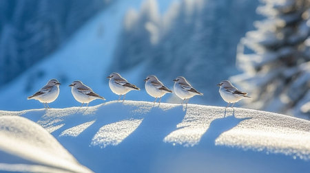 A captivating scene featuring a charming group of chubby birds peacefully perched on a snowy hilltop, basking in the gentle sunlight of a serene winter morning.の素材