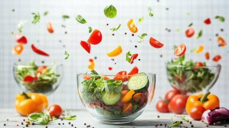 A lively scene showcasing fresh vegetables being tossed in mid-air, highlighting the vibrant colors and textures of a healthy salad preparation, perfect for culinary projects.の素材