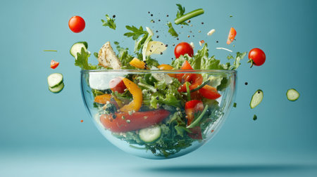 A dynamic image of various salad ingredients bursting into a glass bowl, highlighting the essence of preparation for a fresh and nutritious meal, perfect for healthy eating.の素材