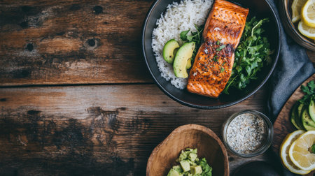 Enjoy a beautifully plated grilled salmon fillet on a bed of white rice, accompanied by fresh avocado slices and a lemon garnish, perfect for healthy eating.の素材