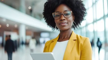 A confident businesswoman with curly hair and glasses stands in a modern office holding a tablet. Her yellow blazer adds a touch of style, reflecting professionalism and inspiration.の素材
