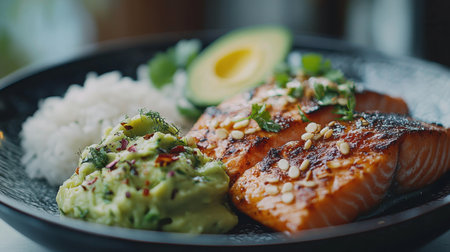 A beautifully arranged plate of grilled salmon fillet, paired with creamy avocado mash, jasmine rice, and fresh herbs, perfect for healthy dining and culinary enjoyment.の素材