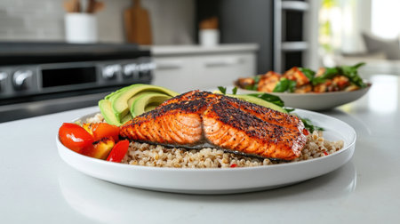 A beautifully presented grilled salmon fillet on a white plate, accompanied by avocado, tomatoes, and brown rice, showcasing a healthy meal in a stylish kitchen.の素材