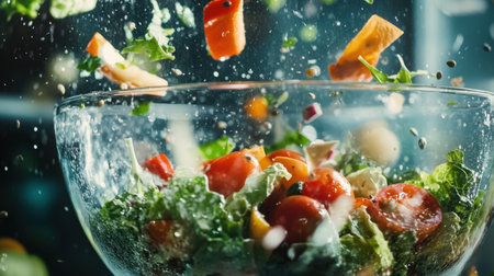An action-packed scene of fresh vegetables being tossed in a glass bowl, showcasing the joy of cooking and the beauty of healthy eating with vibrant colors and textures.の素材