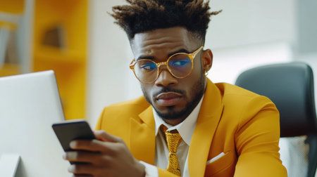 A young professional dressed in a striking orange suit concentrates on his smartphone, embodying a contemporary business atmosphere filled with style and ambition.の素材