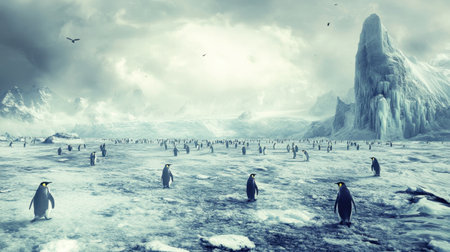 This image features a vast expanse of ice with a colony of penguins in a dramatic winter landscape, highlighting the beauty and solitude of the polar region.の素材