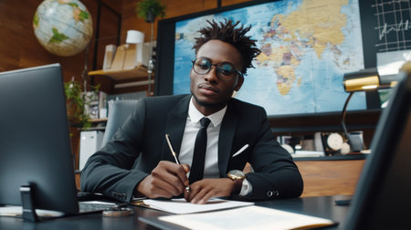 A focused businessman in a stylish office setting, writing notes with a world map as a backdrop, capturing the essence of professionalism and modern workspace design.の素材