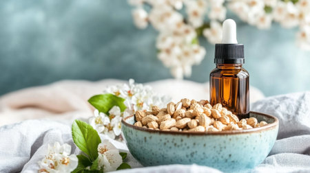 A serene arrangement featuring an essential oil bottle beside a bowl of nuts and delicate flowers on soft textiles, perfect for wellness and relaxation themes.の素材