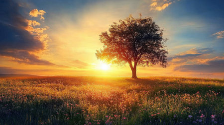 Discover the serene beauty of a sunset illuminating a lush field with a lonely tree, capturing a moment of tranquility and natural wonder in a stunning landscape.の素材